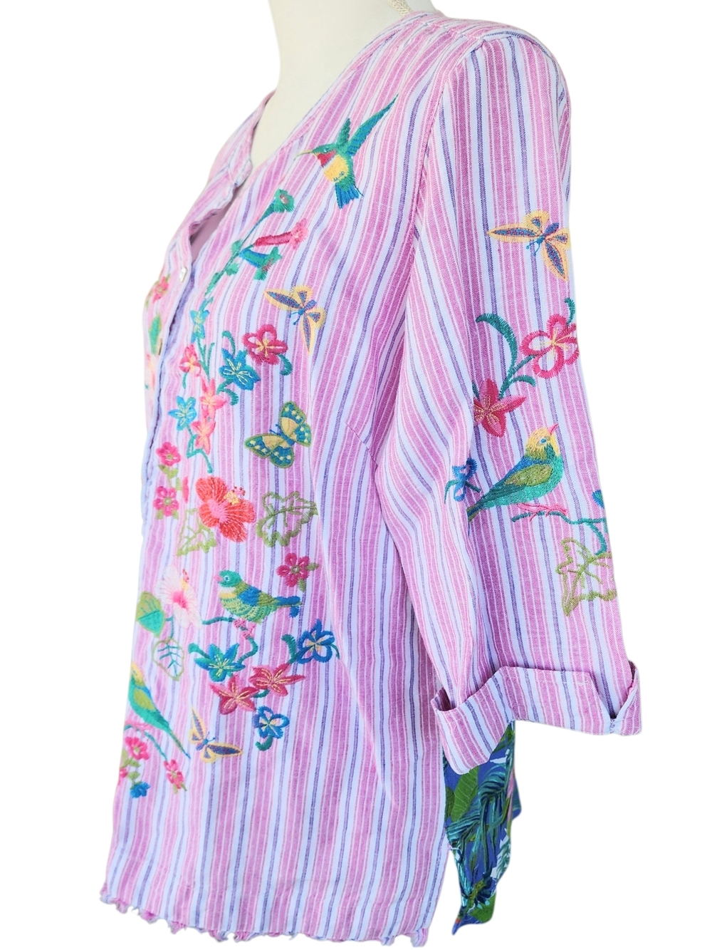 Embroidery John Mark Pink Striped Tunic with Multicolor Floral & Bird. - Picture 6 of 12